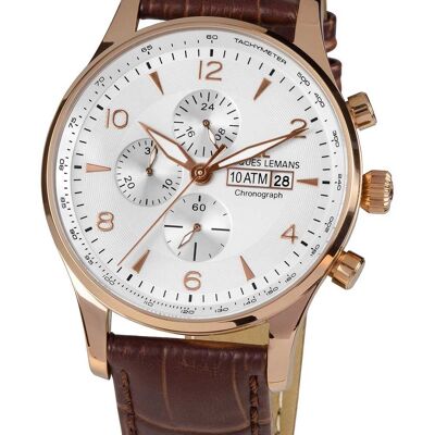 Jacques Lemans London Chronograph Tan Leather Strap Rose Gold Plated Men's Watch