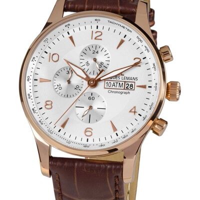 Jacques Lemans London Chronograph Tan Leather Strap Rose Gold Plated Men's Watch