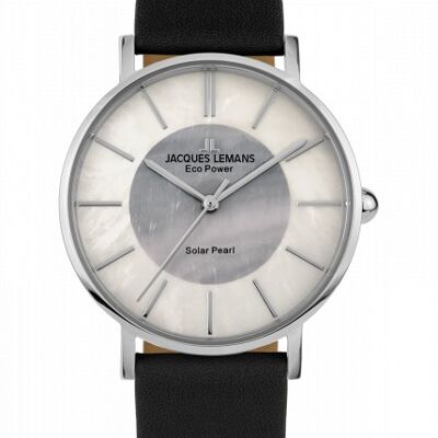 Jacques Lemans Eco Power Solar Mother of Pearl Black Leather Strap Women's Watch