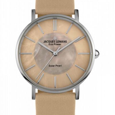 Jacques Lemans Eco Power Solar Mother of Pearl Beige Leather Strap Women's Watch