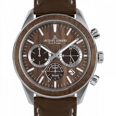 Jacques Lemans Eco Power Solar Chronograph Wood Dark Brown Vegan Strap Men's Watch