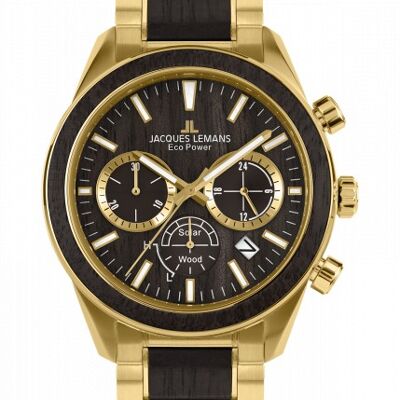 Jacques Lemans Eco Power Solar Wood Chronograph Gold Plated Vegan Men's Bracelet Watch
