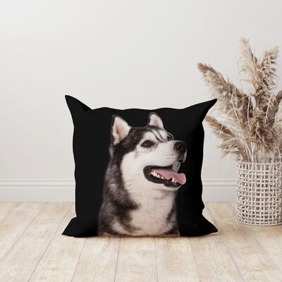 Coussin déco chien husky velours noir