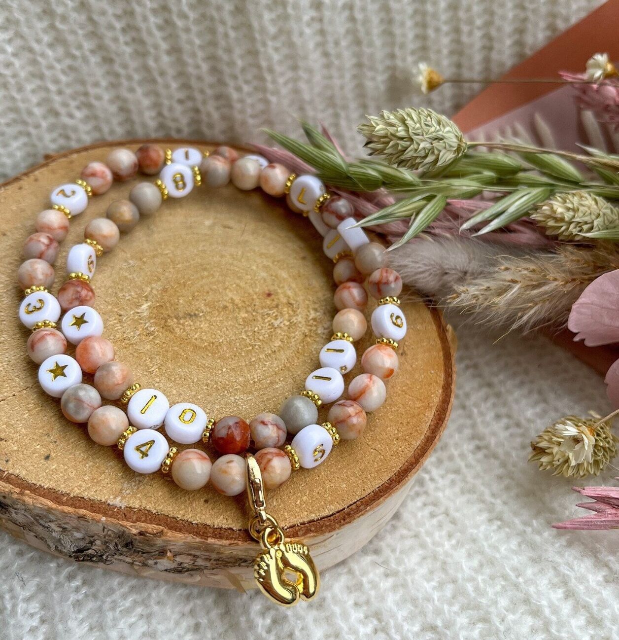 Bracciale da allattamento con perle di quarzo - Beige rosa vintage - scatola omaggio