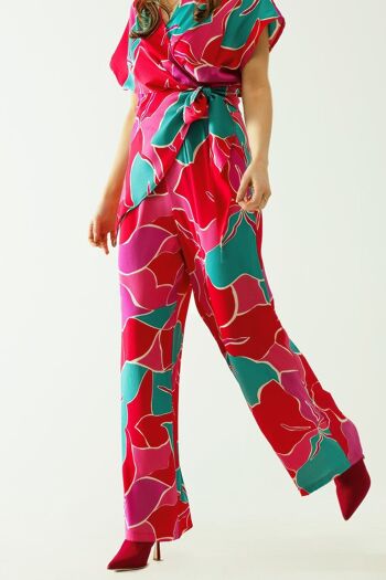 Pantalon ancho de couleur satiné avec motifs floraux. 4