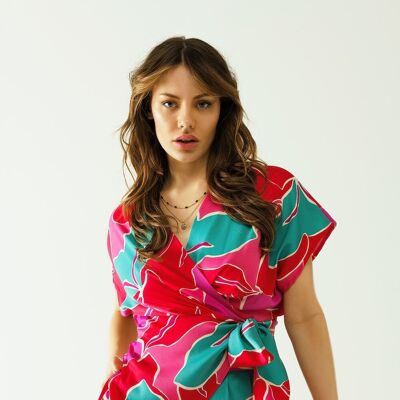 Satin Short sleeves top with floral design and a knot detail