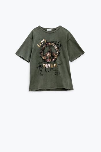 Camiseta de manga courte avec dessin graphique du signe de la paix dans la partie delantera en caqui 1