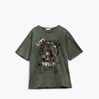 Short Sleeve T-shirt With Graphic Peace Sign Design At The Front In Khaki
