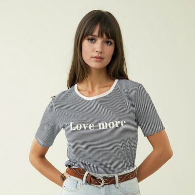 White T-shirt with black stripes and Love More texted
