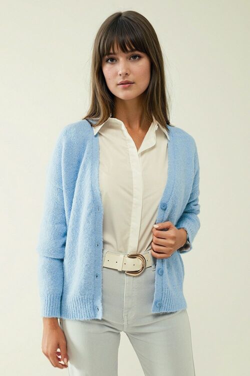 Blue knit cardigan with wide V-neck and button closure