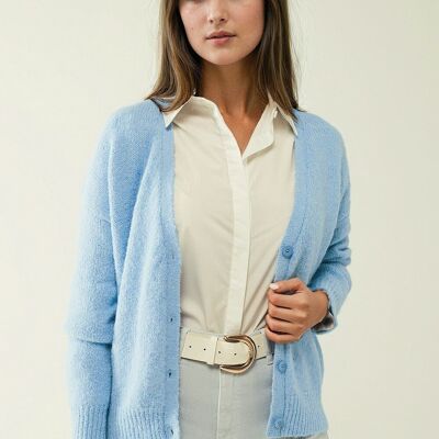Blue knit cardigan with wide V-neck and button closure