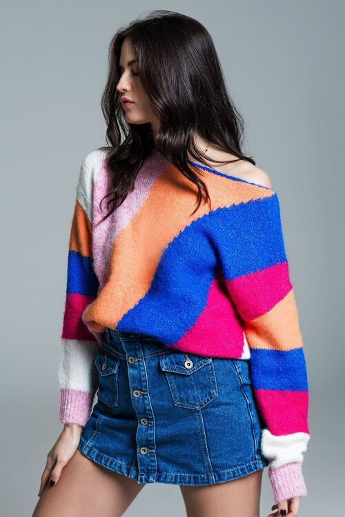 Relaxed Multicolor Stripey Sweater With Boat Neck and Long Sleeves