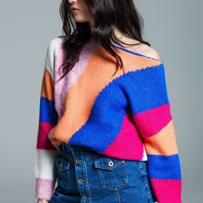 Relaxed Multicolor Stripey Sweater With Boat Neck and Long Sleeves