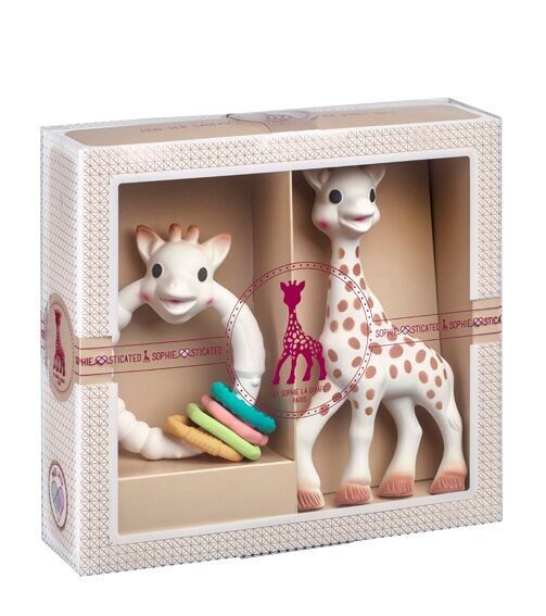 Klassische Kreation – Komposition 6 (Sophie die Giraffe + Farbringe). Geschenktüte und Karte in der Box zum Kauf