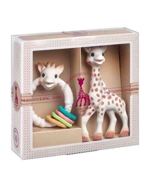 Création classique - composition 6 (Sophie la girafe + Colo'rings) Sac cadeau et carte dans le coffret pour accompagner lors de l'achat