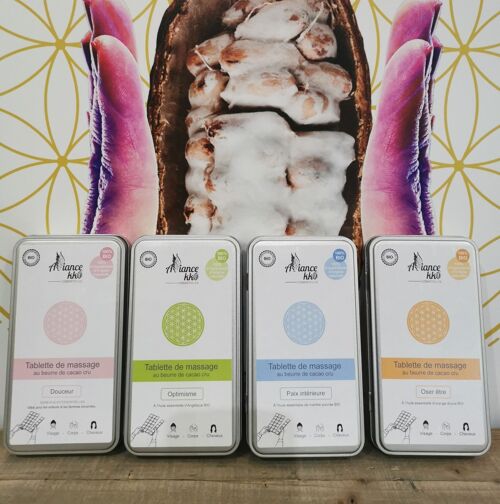 Pack d'implantation Tablette de massage au beurre de cacao cru bio.