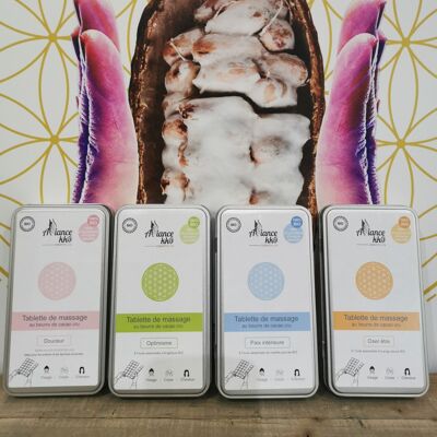 Pack de implantación Pastilla de masaje con manteca de cacao cruda ecológica.