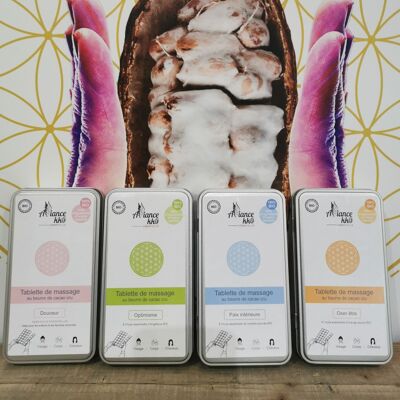 Pack d'implantation Tablette de massage au beurre de cacao cru bio.