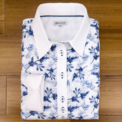 Grenouille Long Sleeve Blue Floral Embroidered Darted Shirt