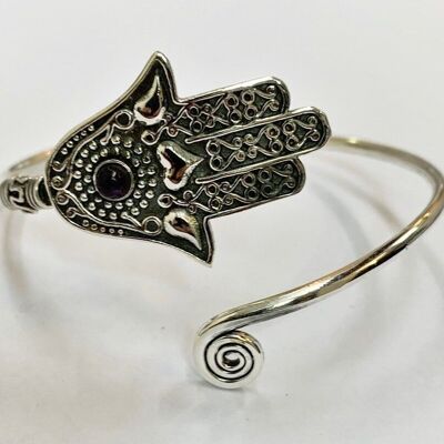 Silver Plated Adjustable Hamsa Spiral Cuff Bangle