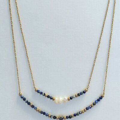 Elegante mehrsträngige Halskette aus Sodalith und goldenen Perlen
