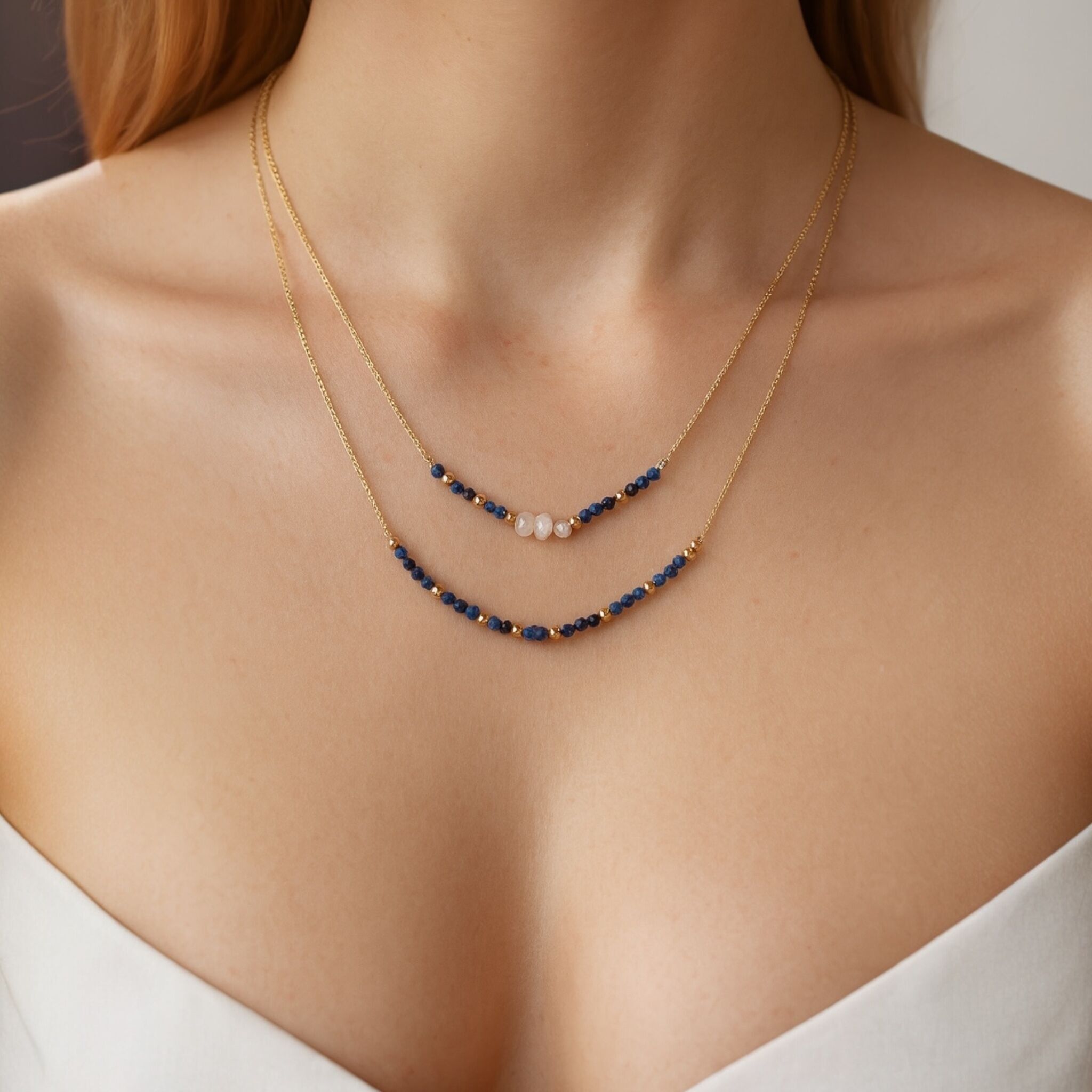 Collana multifilo di eleganza con sodalite e perle dorate