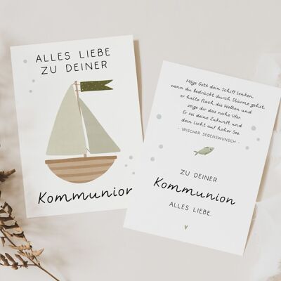Cartolina di comunione in barca con la scritta: carta di comunione in nave