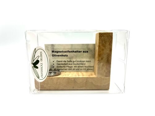 Magnetseifenhalter aus Olivenholz in Verpackung "MODERN STYLE"