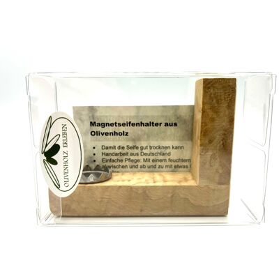 Jabonera magnética fabricada en madera de olivo en embalaje "ESTILO MODERNO"