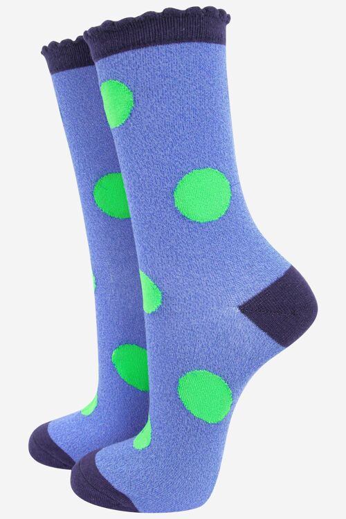 Women's Cotton Glitter Socks Large Polka Dot Spots Scalloped Cuff Denim Blue Green