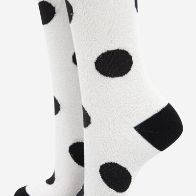 Women's Cotton Glitter Socks Large Polka Dot Spots Scalloped Cuff Grey Black