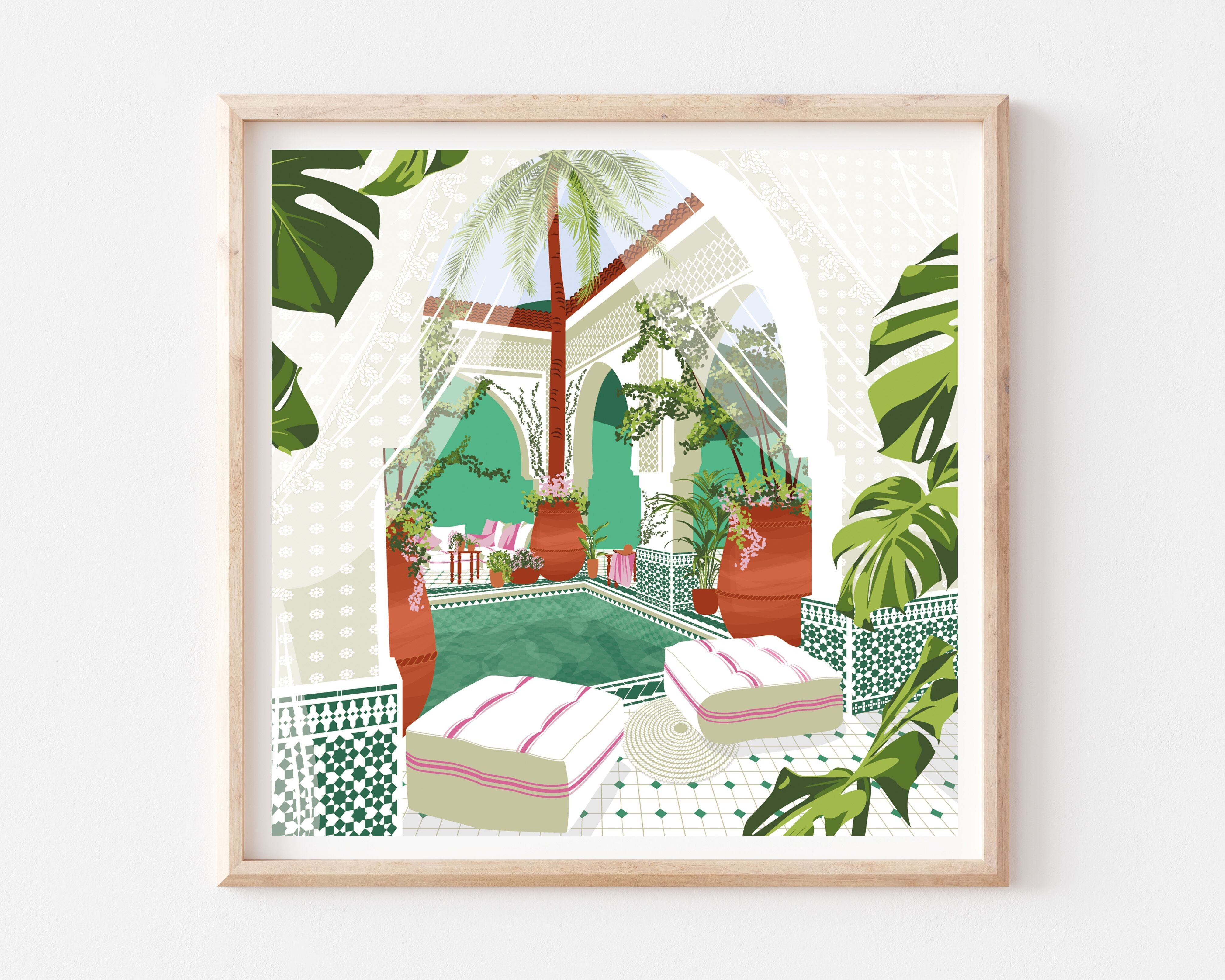 Affiche de salle de bain verte et calme avec piscine dans un riad marocain