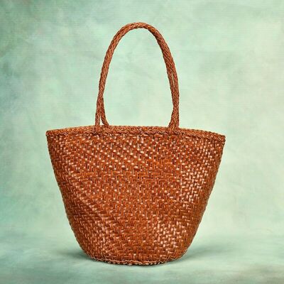 Carmel- Hand Weave Genuine Leather Bucket Shape Tote Bag