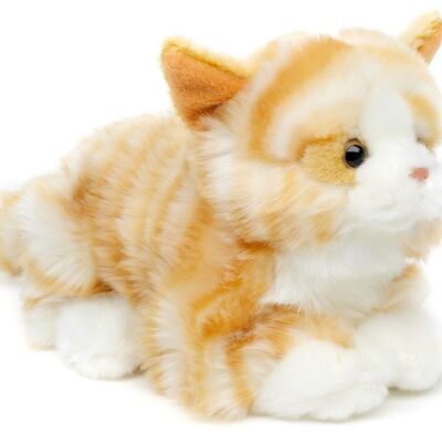 Cat, lying (brown tabby) - 20 cm (length) - Keywords: cat, kitten, pet, plush, plush toy, stuffed toy, cuddly toy