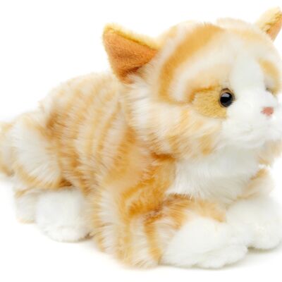Chat avec voix, couché (marron-blanc) - 20 cm (longueur) - Mots clés : chat, chaton, animal de compagnie, peluche, peluche, peluche, doudou