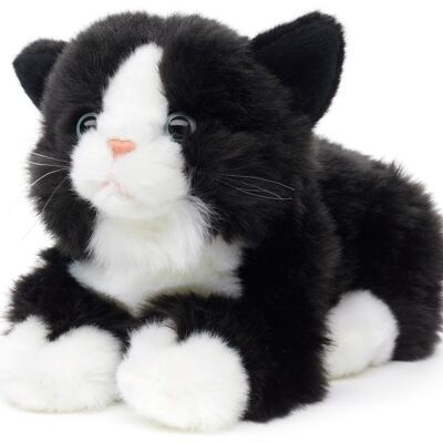 Chat avec voix, couché (noir et blanc) - 20 cm (longueur) - Mots clés : chat, chaton, animal de compagnie, peluche, peluche, peluche, doudou