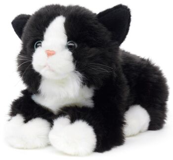 Chat avec voix, couché (noir et blanc) - 20 cm (longueur) - Mots clés : chat, chaton, animal de compagnie, peluche, peluche, peluche, doudou 1