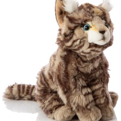 Chat sauvage gris tigré, assis - 22 cm (hauteur) - Mots clés : chat, chaton, animal de compagnie, peluche, peluche, peluche, doudou