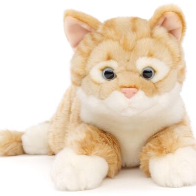 Cat with tabby fur, lying (red-brown) - 38 cm (length) - Keywords: cat, kitten, pet, plush, plush toy, stuffed toy, cuddly toy