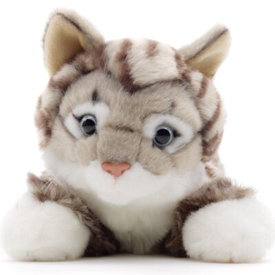 Cat with tabby fur, lying (gray) - 38 cm (length) - Keywords: cat, kitten, pet, plush, plush toy, stuffed toy, cuddly toy