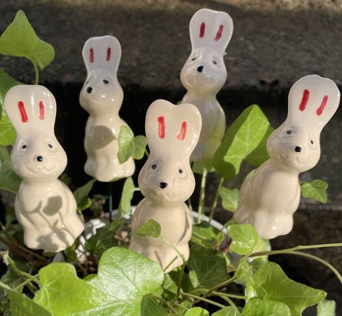 Ceramic Bunny, Plant stake, ceramic figure for flower plant
