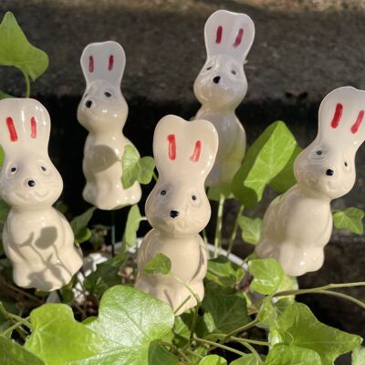 Coniglietto in ceramica, paletto per piante, figura in ceramica per pianta da fiore