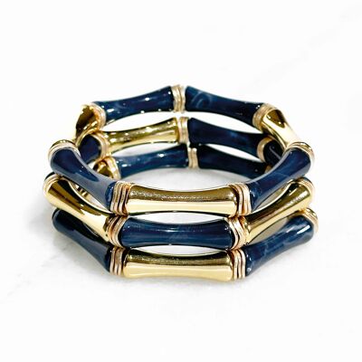 Bracciale acrilico in stile bambù su elastico - Blu scuro e oro