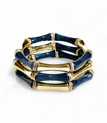 Bracelet Acrylique Façon Bambou sur élastique - Bleu foncé & doré 1