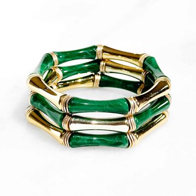 Bracelet Acrylique Façon Bambou sur élastique - Vert foncé & doré