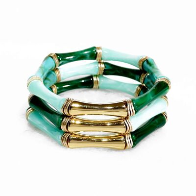 Bracciale acrilico in stile bambù su elastico - Verde scuro, verde mare e oro