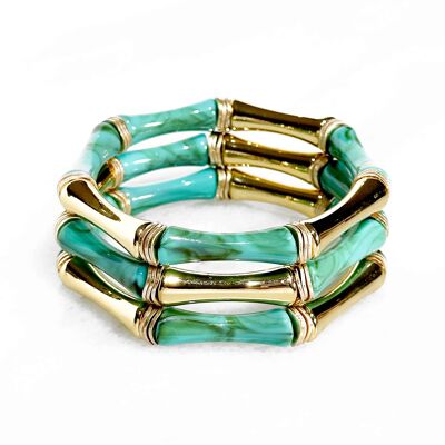 Bracelet Acrylique Façon Bambou sur élastique - Turquoise et doré