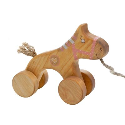 Cavallo rosa giocattolo da tirare in legno