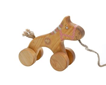 Jouet à tirer en bois cheval rose 1