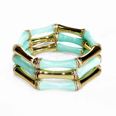 Pulsera de Acrílico estilo Bambú sobre elástico - Verde agua y oro